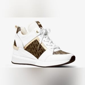 Michael Kors White and Brown MK Logo Wedge Sneaker